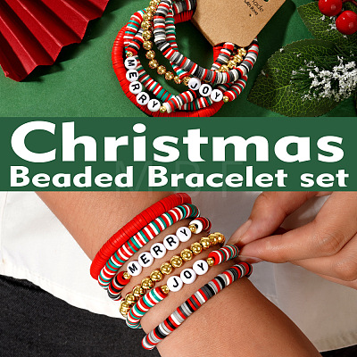6Pcs Christmas Polymer Clay Heishi Beads Stretch Bracelets for Women AZ3870-1