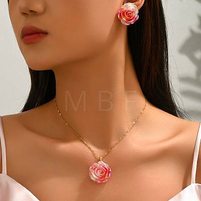 Iridescent Resin Rose Pendant Necklace & Stud Earrings Set for Women NZ6589-1