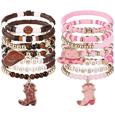 2Bags 2 Colors Boot Western Cowgirl Style Polymer Clay Heishi & CCB Plastic & Natural Rose Quartz Beaded Bracelets BJEW-PA0001-08-1