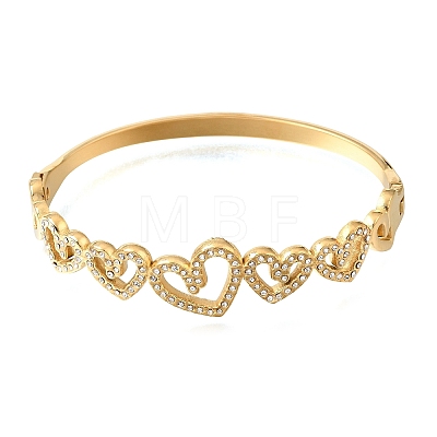 304 Stainless Steel Crystal Rhinestone Hollow Heart Hinged Cuff Bangles for Women SA-CBAF851-10G-1