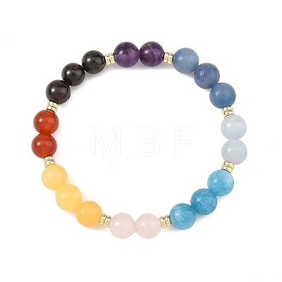 8MM 7 Chakra Gemstone Round Beaded Stretch Bracelets with Brass Beads BJEW-JB14474-1