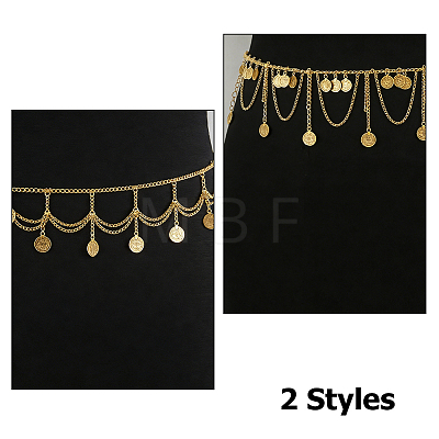 2Pcs 2 Styles Retro Alloy Chain Coin Tassel Waist Belly Chains for Women AJEW-HS0001-50-1