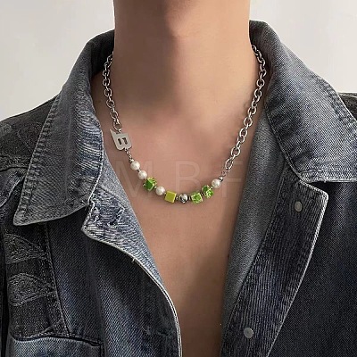 Letter B and Acrylic Lime Green Cube Beaded 201 Stainless Cable Chain Necklaces FS-WG7DFDB-01-1