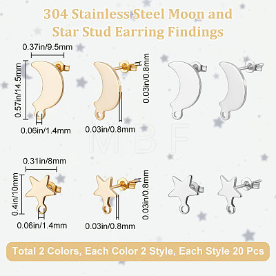40 Pairs 4 Style Moon & Star 304 Stainless Steel Stud Earring Findings STAS-BBC0002-41-1