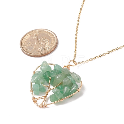 Natural Green Aventurine Chips Heart with Tree of Life Pendant Necklace NJEW-JN03906-02-1
