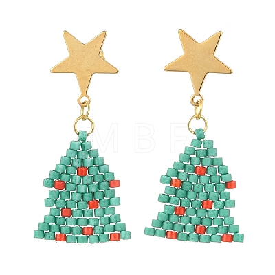 304 Stainless Steel with Glass Cylinder Seed Beads Christmas Tree Dangle Earrings EJEW-MZ00818-1