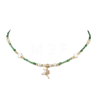 Brass Pave Clear Cubic Zirconia Fairy Pendant Round Shell Pearl & Flower Natural Freshwater Shell & Glass Seed Beaded Necklaces for Women NJEW-JN05643-1