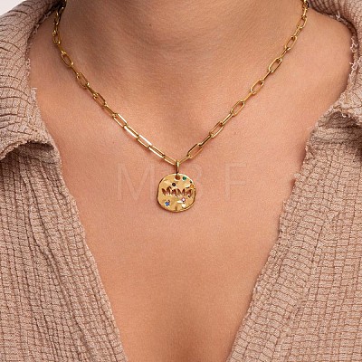 Mother's Day 304 Stainless Steel Pave Cubic Zirconia Irregular Disc with Hollow Word MAMA Pendant Necklaces for Women WGBC73E-01-1