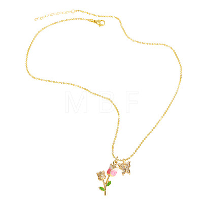 Brass Micro Pave Clear Cubic Zirconia with Enamel Butterfly Rose Flower Pendant Necklaces for Women FS-WG8C866-01-1
