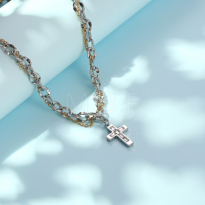Two Tone Stainless Steel Cross Pendant Necklace with Dapped Chains QS5537-1