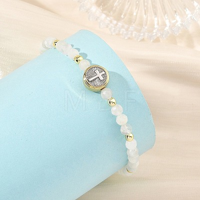 Religion Natural Mixed Gemstone Beaded Stretch Bracelets with Brass Flat Round with Cross Beads BJEW-JB14360-1