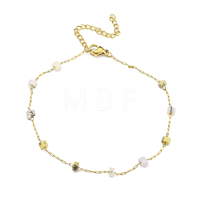 Natural Mixed Gemstone Column Beaded Anklet with Vacuum Plating Golden 304 Stainless Steel Chains for Women AJEW-Z008-03-1
