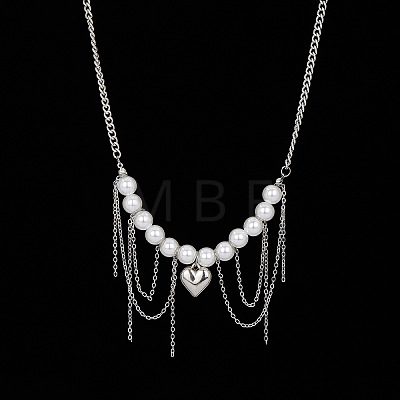 Imitation Pearl Round Beaded Alloy Heart Chain Tassel Bib Necklaces for Women WG3C231-01-1