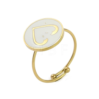 Ion Plating(IP) Flat Round with Heart 304 Stainless Steel Enamel Ring RJEW-A038-05G-1