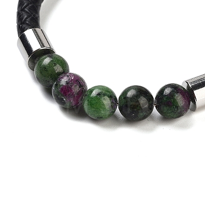 Natural Ruby in Zoisite Round Bead Braided Leather Cord Bracelets for Men Women BJEW-A009-11P-09-1