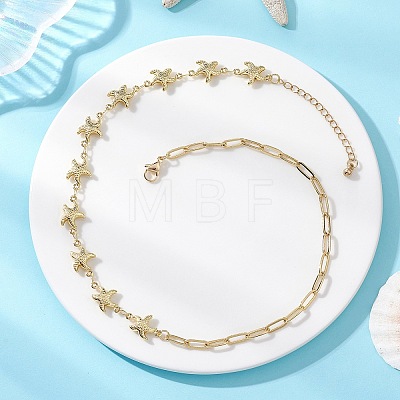 Ocean 304 Stainless Steel Starfish Link Chain and Brass Paperclip Chain Necklaces for Women NJEW-JN05927-1