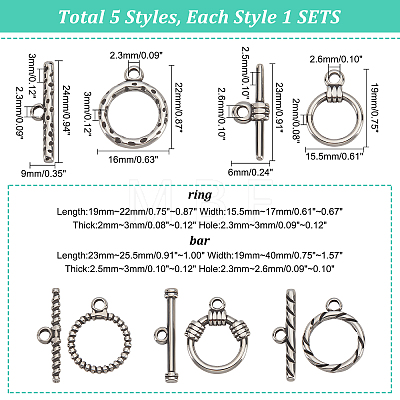 5 Sets 5 Style  304 Stainless Steel Toggle Clasps STAS-DC0008-15-1