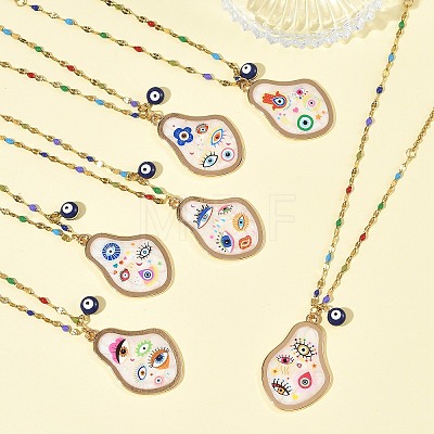 Printed Alloy Enamel Pear & Brass Enamel Evil Eye Pendant 304 Stainless Steel Enamel Dapped Chain Necklaces for Women NJEW-JN06361-1