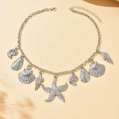 Bohemian Summer Beach Zinc Alloy Starfish Shell Shape Pendant Bib Necklaces for Women WGA7543-03-1