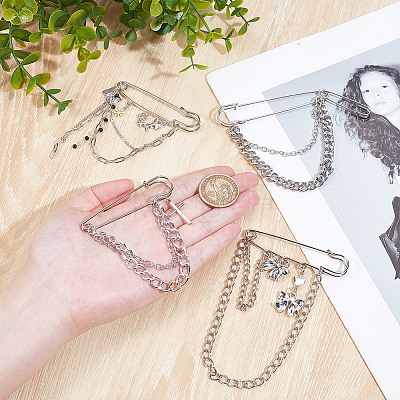 4Pcs 4 Styles Zinc Alloy Hanging Chain Brooches JEWB-DR0001-06-1