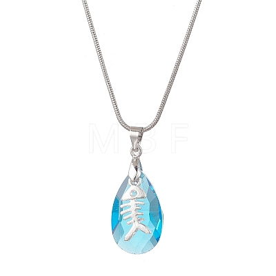 Ocean Alloy Sea Animal and Faceted Glass Teardrop Pendant Brass Round Snake Chain Necklaces for Women NJEW-JN05915-02-1