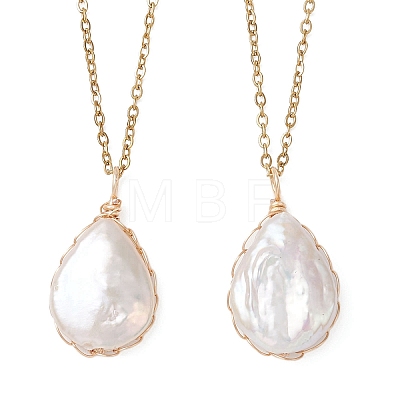 Baroque Natural Keshi Pearl Teardrop Pendant 304 Stainless Steel Cable Chain Necklaces for Women NJEW-JN05757-1