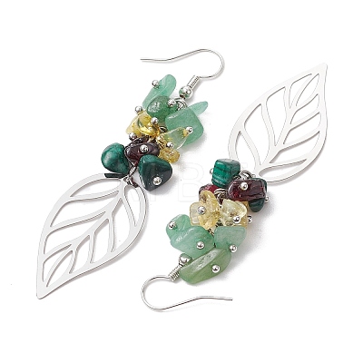 Leaf 201 Stainless Steel Natural Citrine & Natural Green Aventurine & Natural Malachite & Natural Garnet Chip Dangle Earrings EJEW-JE06138-02-1