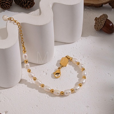 304 Stainless Steel & Natural Freshwater Pearl Beaded Bracelets for Women BJEW-B162-02G-1