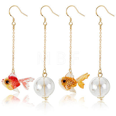 ANATTASOUL 2 Pairs 2 Colors Resin Fish & Glass Ball Asymmetrical Earrings EJEW-AN0002-32-1