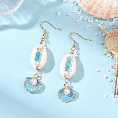 Natural Agate & Cultured Freshwater Pearl & Cowrie Shell Beads Dangle Earrings EJEW-JE07200-1
