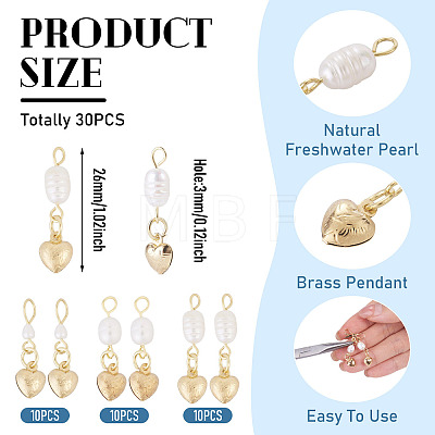 30Pcs 3 Styles Natural Cultured Freshwater Pearl & 304 Stainless Steel Heart Pendants PALLOY-TAC0318-1