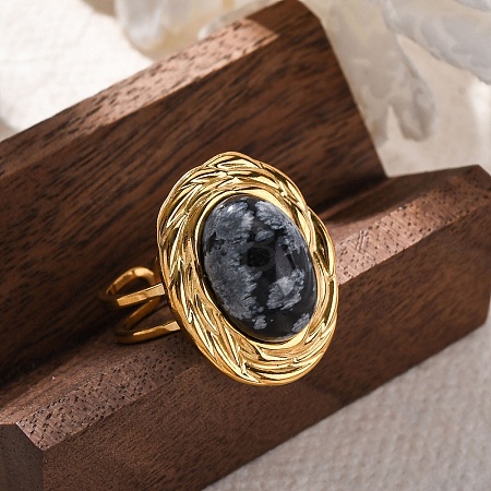 Oval Natural Snowflake Obsidian Finger Rings RJEW-M063-01G-18-1