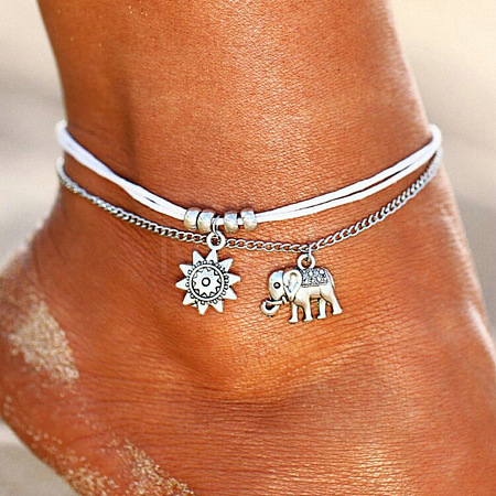 Sun & Elephant Alloy Charm Waxed Cord Double Layer Anklets for Women FS-WG1794C-01-1