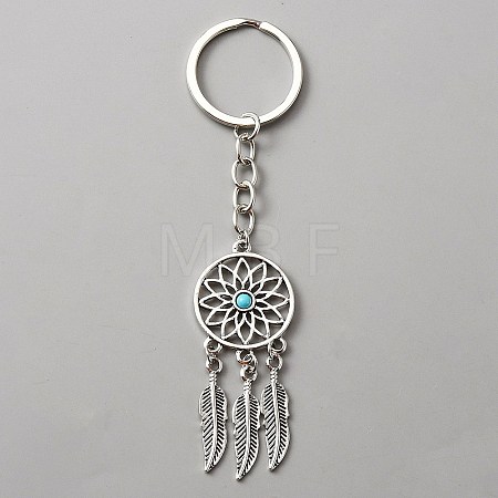 Woven Net/Web with Feather Alloy & Resin Pendant Keychain KEYC-WH0029-71AS-1