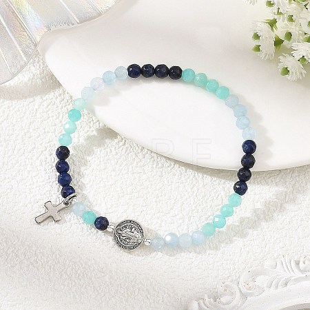 Gradient Natural Mixed Stone Faceted Round Beaded Stretch Bracelets with Alloy Saint Benedict Medal BJEW-JB14401-01-1