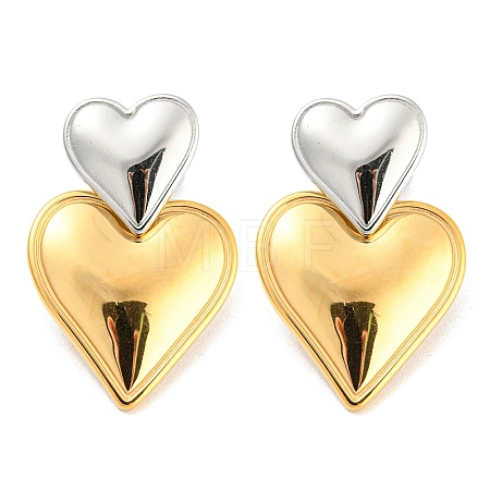 304 Stainless Steel Double Heart Dangle Stud Earrings for Women EJEW-D076-01C-GP-1