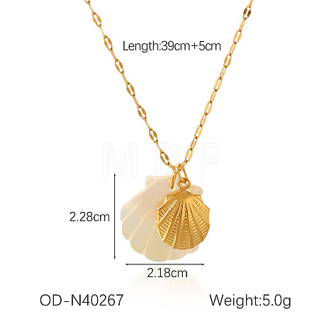 Ocean Theme Natural Shell & 304 Stainless Steel Pendant Dapped Chain Necklaces for Women FS-WG58500-14-1