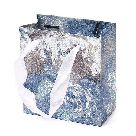 Flower Oil Painting Print Rectangle Paper Gift Storage Bags with Ribbon Handles ABAG-A011-01D-1