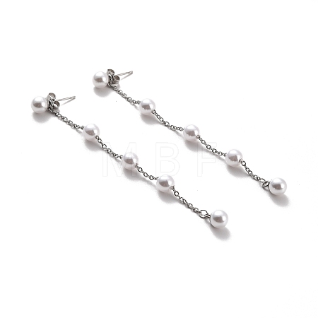 Round Plastic Pearl Beaded Long Chain Dangle Stud Earrings STAS-D179-04P-01-1