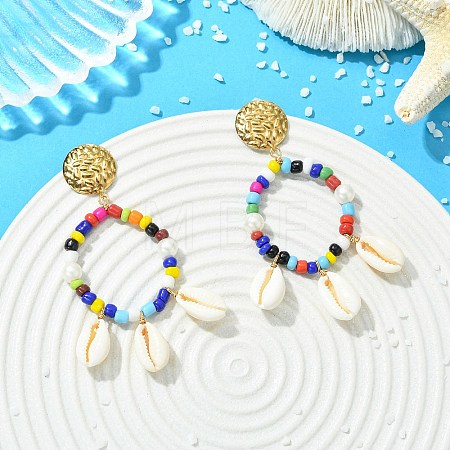 304 Stainless Steel & Natural Cowrie Shell Dangle Stud Earrings for Women EJEW-JE07231-1