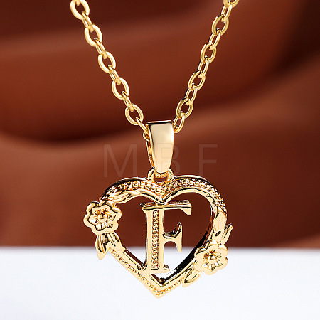 Brass Rose Flower Heart with Letter Pendant Cable Chain Necklaces FS-WG42461-06-1