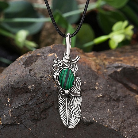 Synthetic Malachite Alloy Feather Pendant Black PU Leather Cord Necklaces FS1864-4-1