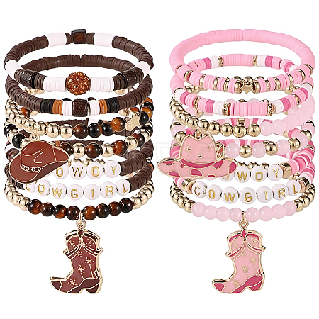 2Bags 2 Colors Boot Western Cowgirl Style Polymer Clay Heishi & CCB Plastic & Natural Rose Quartz Beaded Bracelets BJEW-PA0001-08-1