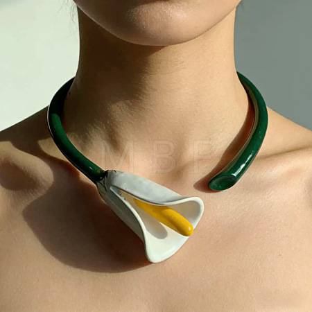 Alloy Enamel White Flower Hinged Cuff Choker Necklaces for Women WG1B8A2-03-1