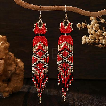 Handmade Bohemian Glass Seed Beads Long Dress Tassel Dangle Earrings MO3708-1-1