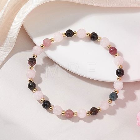 Natural Multicolor Tourmaline and Rose Quartz Round Beads Stretch Bracelets for Women BJEW-JB13517-1