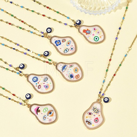 Printed Alloy Enamel Pear & Brass Enamel Evil Eye Pendant 304 Stainless Steel Enamel Dapped Chain Necklaces for Women NJEW-JN06361-1