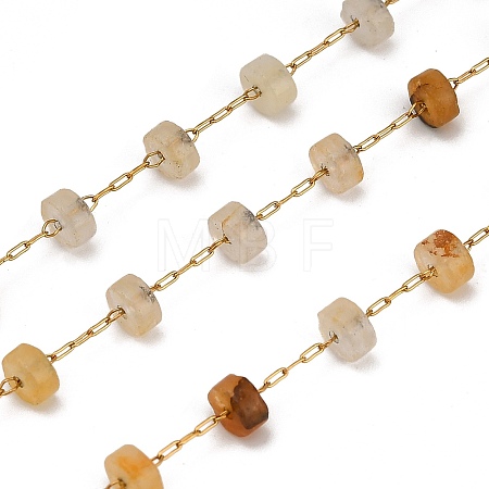 Handmade 304 Stainless Steel Yellow Aventurine Beads Flat Round Link Chains CHS-B011-05G-01-1