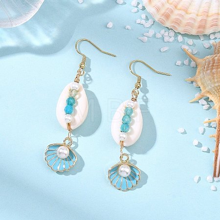 Natural Agate & Cultured Freshwater Pearl & Cowrie Shell Beads Dangle Earrings EJEW-JE07200-1