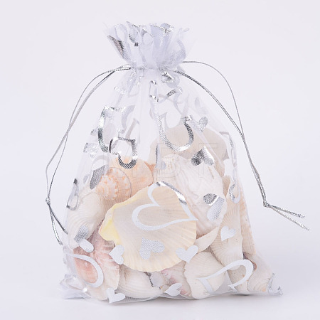 100Pcs Silver Stamping Heart Organza Gift Bags OP-PH0001-37A-1